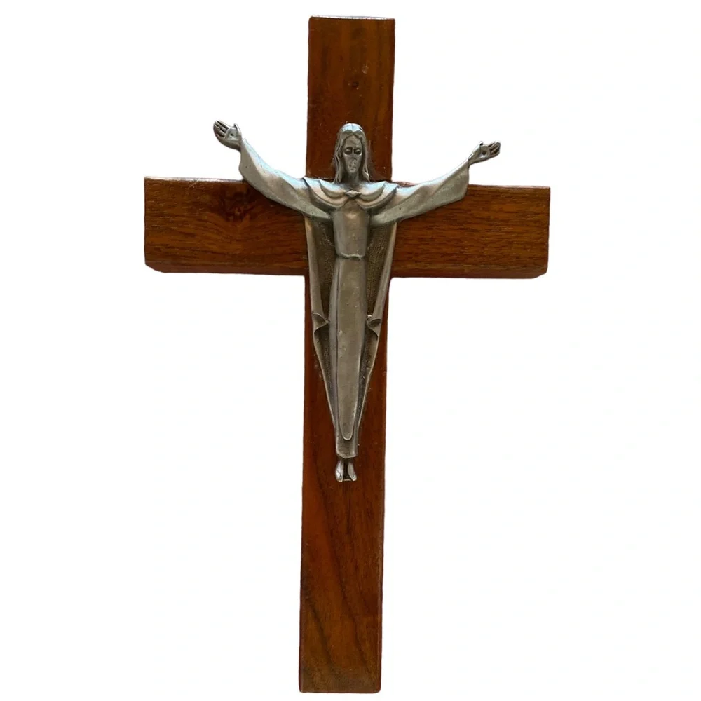 Vintage Jesus on a Wooden Cross Made of Pewter. Great Condition!